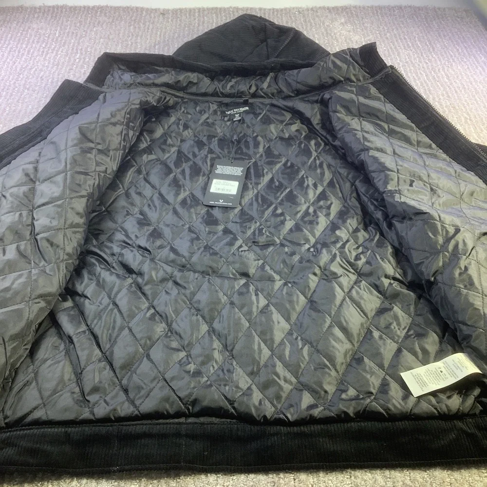 True Religion Mens Vintage Corduroy Jacket Jet Black‎ Hooded Size S NWT